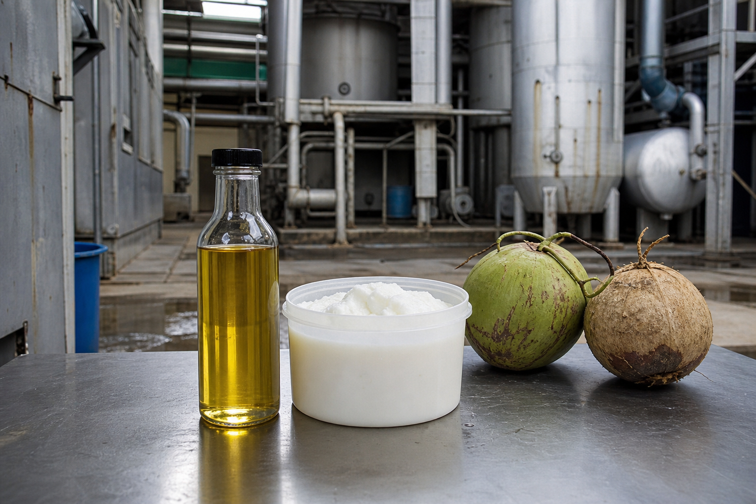 Liquid coconut olein beside white solid stearin fractionation products
