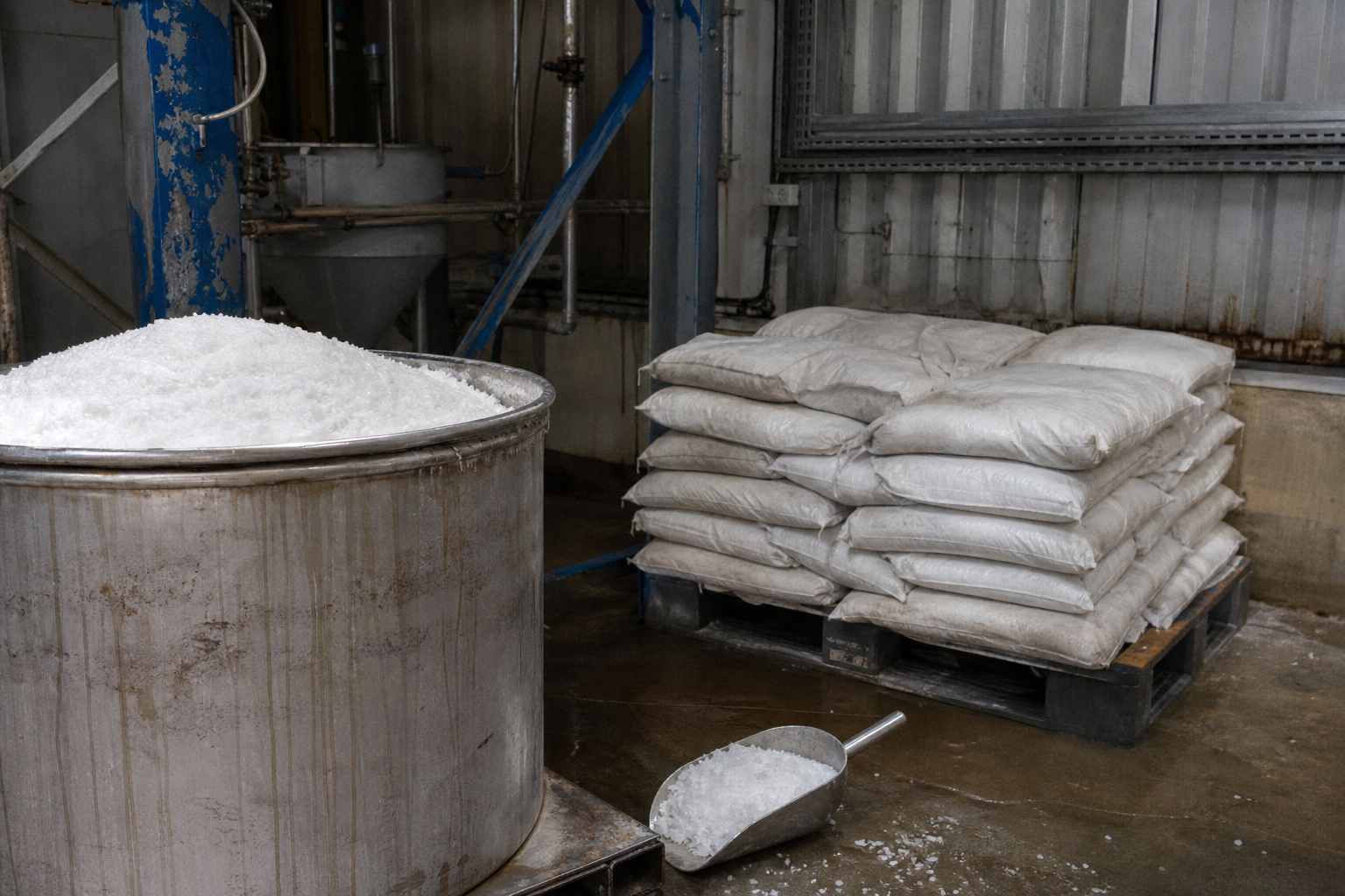 Zinc Chloride Evaporation and Concentration Solution 3 White zinc salt crystals and bagged zinc products in warehouse
