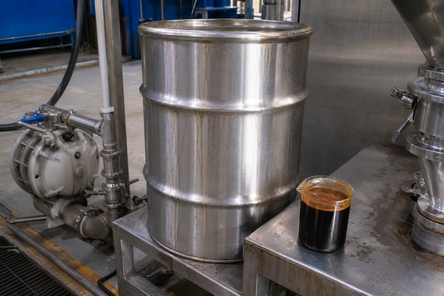 Concentrated coffee extract product in stainless drum and sample beaker