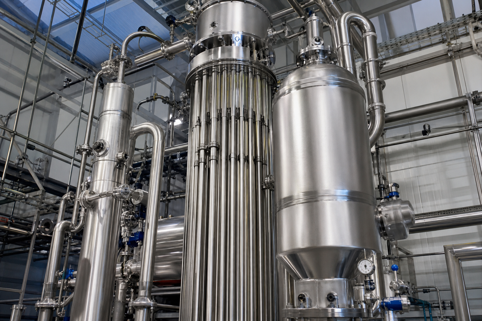 Falling-film evaporator for two-stage xylose liquor concentration