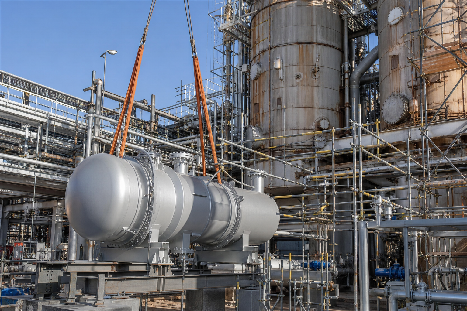 MVR vs Multi-Effect Evaporation: Energy and Cost Comparison 3 Steam compressor being retrofitted beside existing multi-effect evaporator bodies