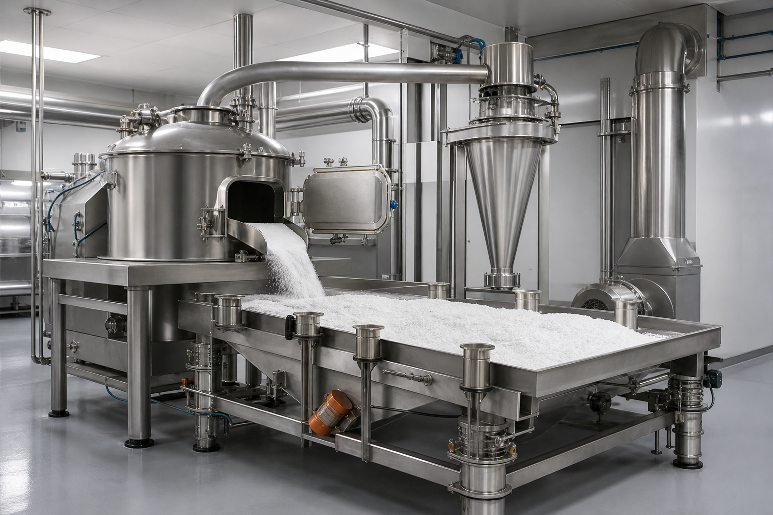 Peeler centrifuge and fluid bed dryer for threonine crystal dewatering
