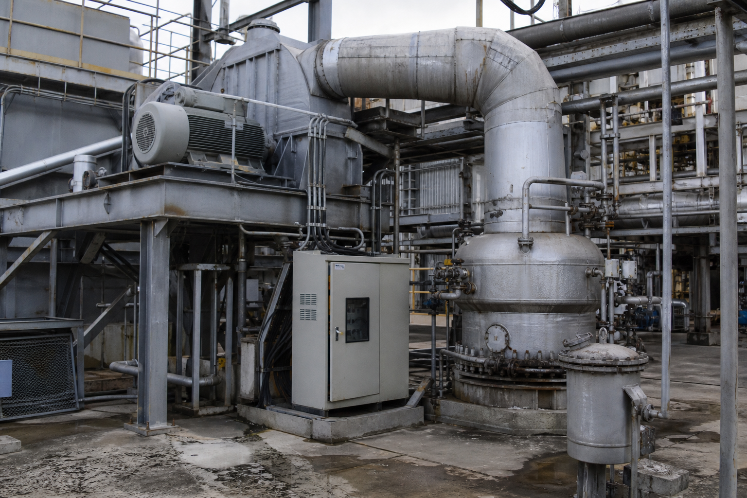 FC Crystallizer: Principle and Application 3 MVR centrifugal vapor compressor connected by insulated duct to crystallizer body