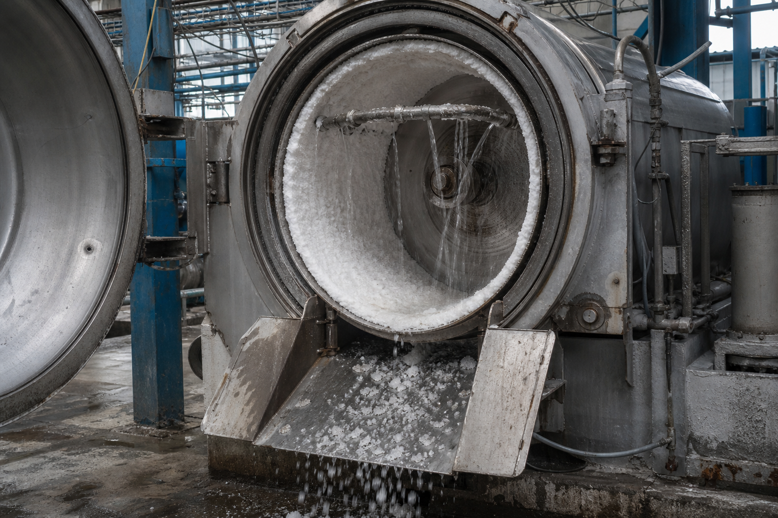 Centrifuge Selection for Crystal Dewatering 2 Horizontal pusher centrifuge with salt cake ring visible through open casing and discharge chute