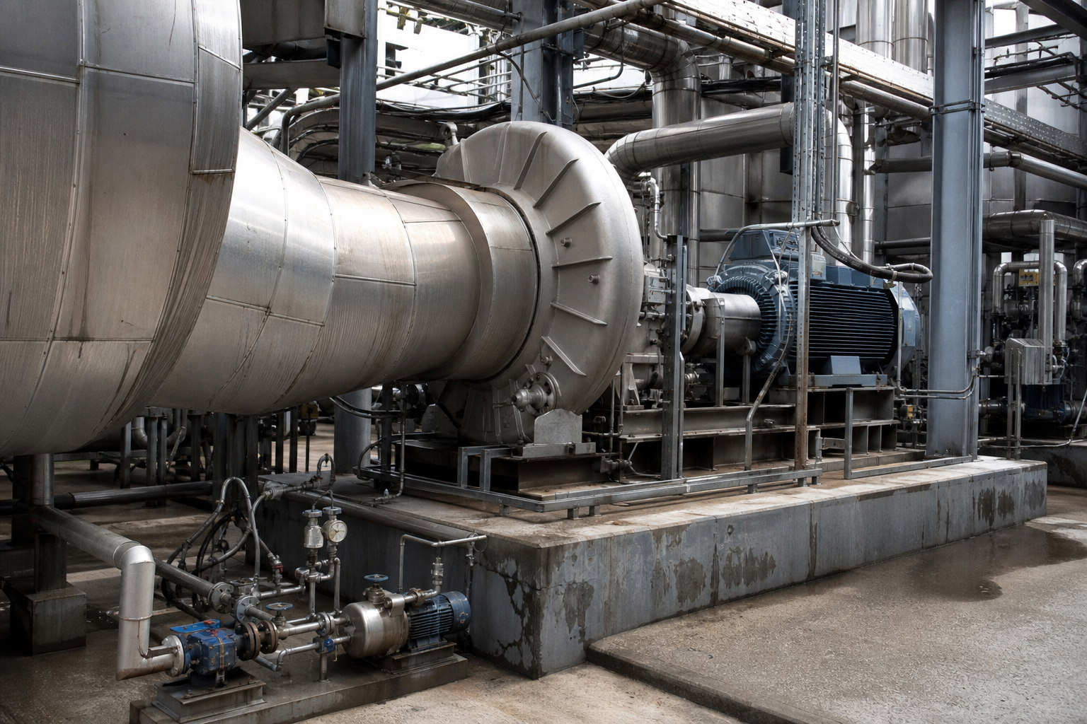 Boiling Point Elevation in Industrial Evaporation 2 MVR centrifugal compressor with motor and condensate lines coupled to an evaporation system