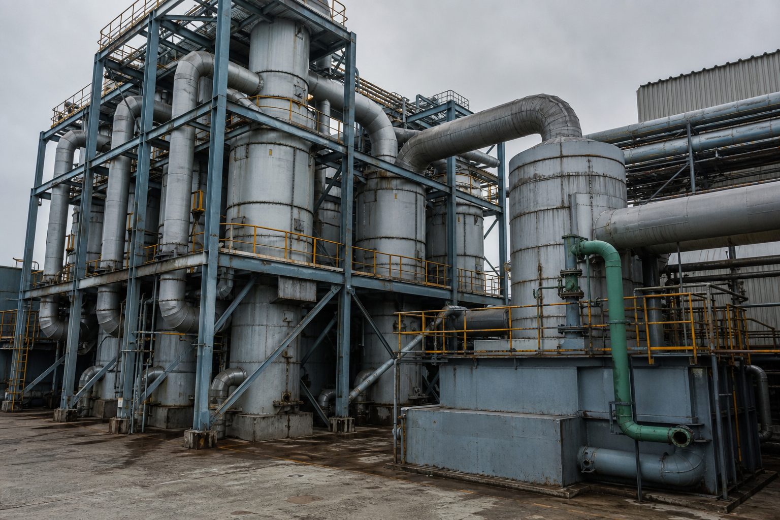 Boiling Point Elevation in Industrial Evaporation 4 Tall multi-effect evaporator bodies in a steel structure with vapor ducts and final condenser