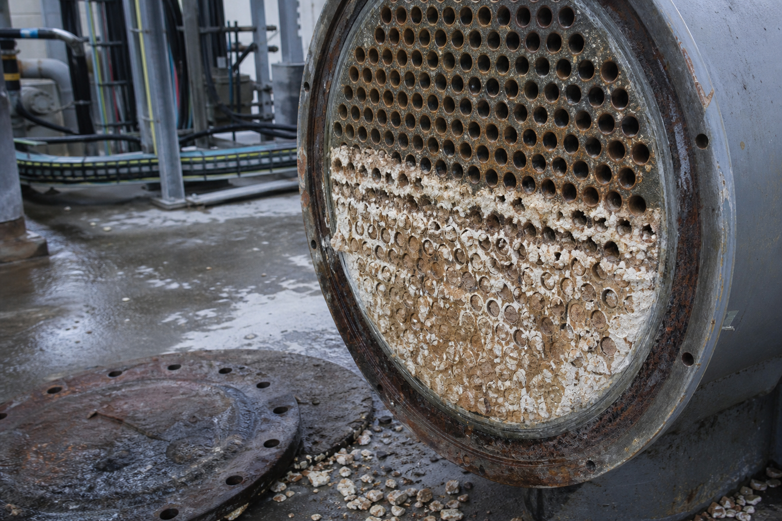 Close-up of fouled tube sheet with thick scale layer partly blocking tube bores