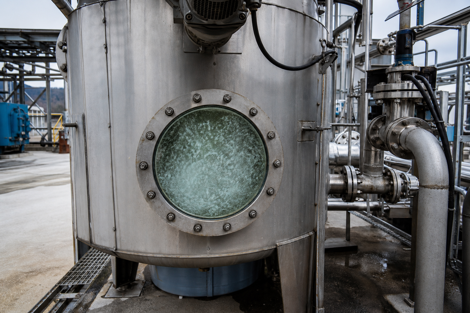 Crystallizer sight glass showing dense suspended seed slurry of fine white crystals in brine