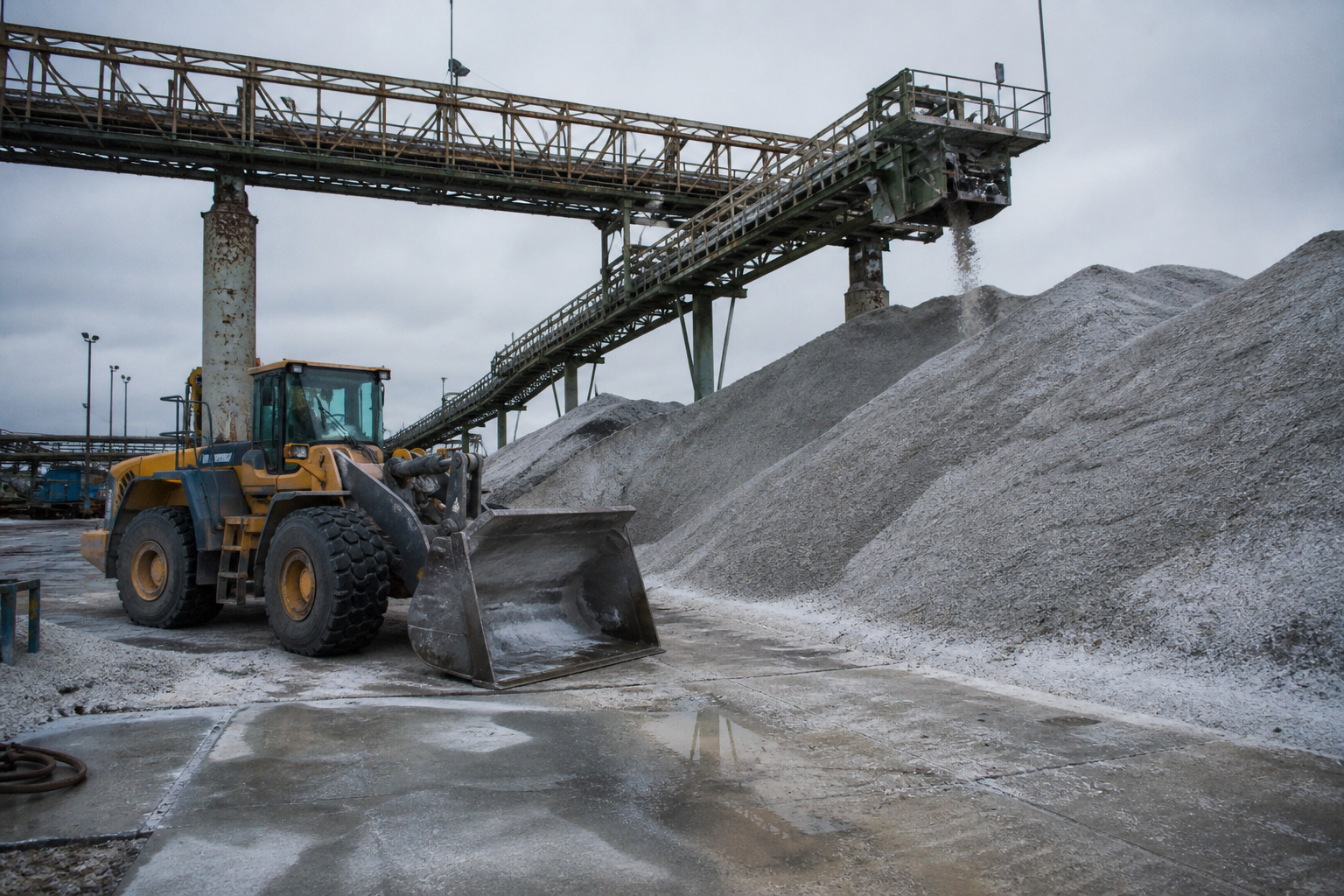 Salt Production and Refining Technology: From Raw Salt to 99.5% PDV Salt 1 Raw salt stockpiles of rock salt and solar salt in an open-air yard with conveyor