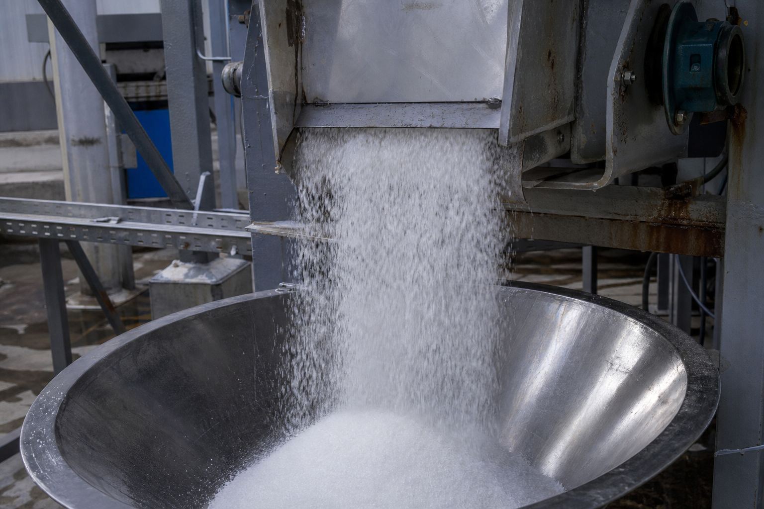 Salt Production and Refining Technology: From Raw Salt to 99.5% PDV Salt 3 Pure white PDV vacuum salt crystals cascading from a dryer discharge into a stainless hopper