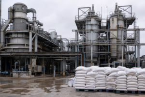 Zero liquid discharge plant with MVR brine concentrator, crystallizer towers and bagged salt product area