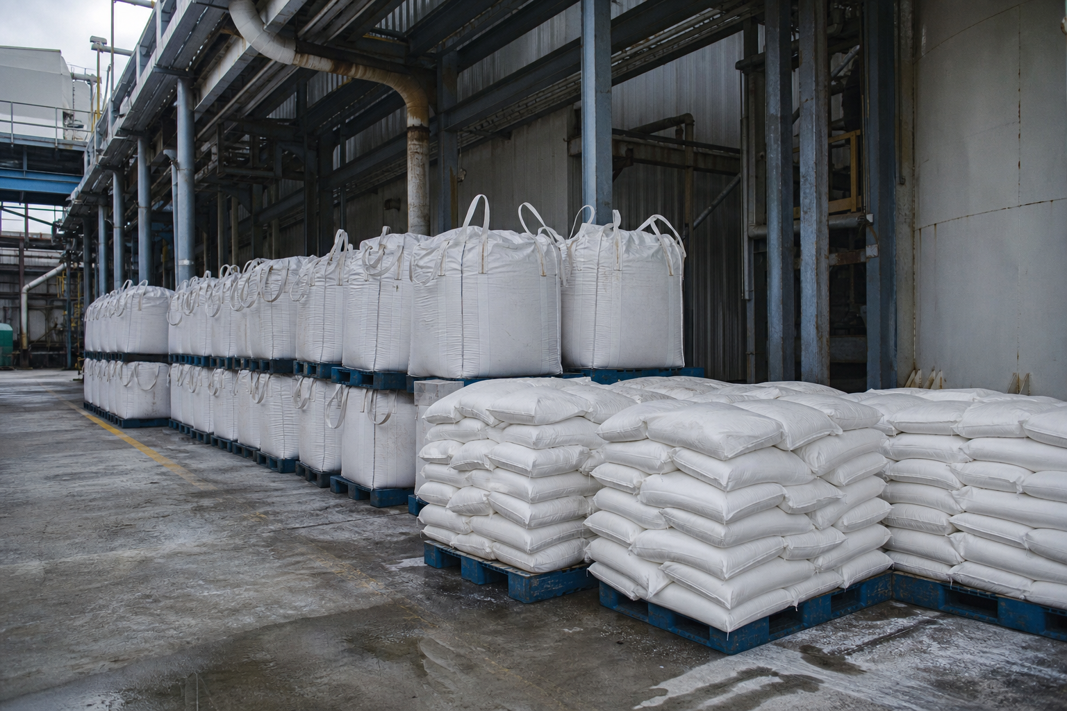 Zero Liquid Discharge (ZLD): System Overview 4 Big bags and 25 kg bags of white product salt from ZLD chloride brine stacked in a plant warehouse