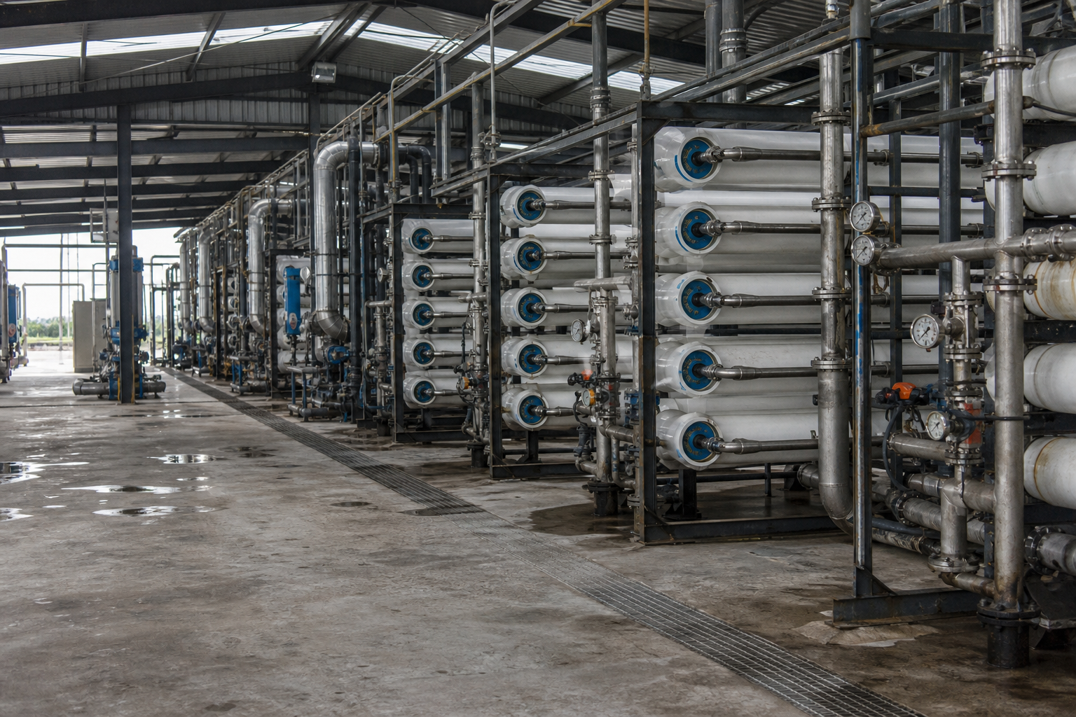 Rows of reverse osmosis pressure vessels on steel racks inside a membrane treatment hall