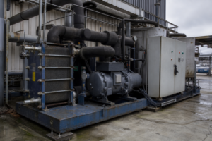 Industrial heat pump evaporation package skid with compressor and plate heat exchangers