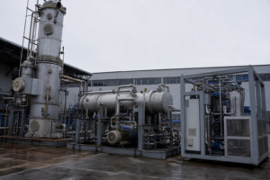 Different industrial evaporator technologies standing side by side in a fabrication yard