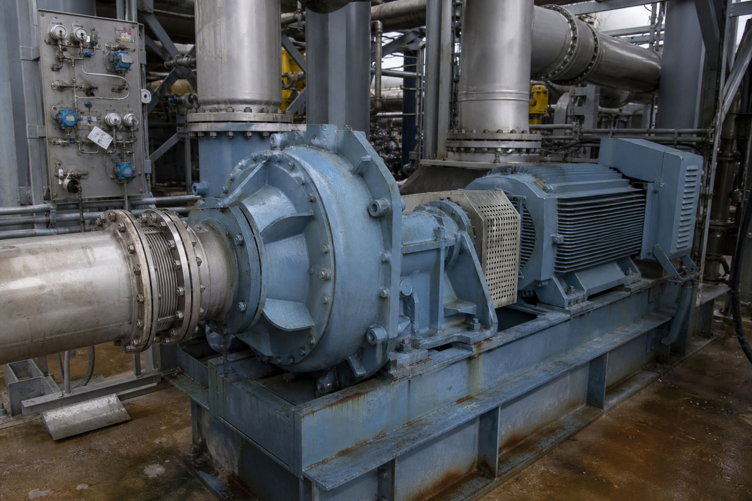 Process Flow Design for Evaporation Plants 2 Large industrial MVR centrifugal vapor compressor with electric motor and stainless ducting