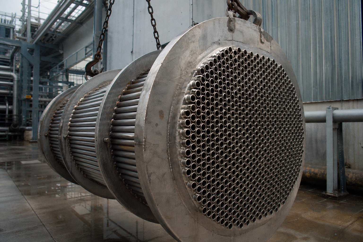 Process Flow Design for Evaporation Plants 3 Stainless steel heat exchanger tube bundle and tube sheets for an evaporator calandria in fabrication
