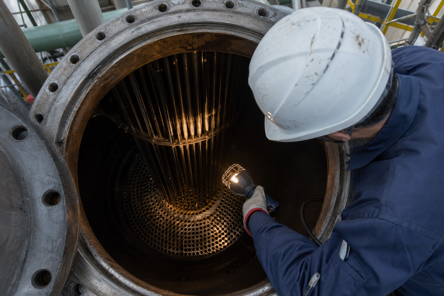 Tube-based falling film evaporator body under inspection