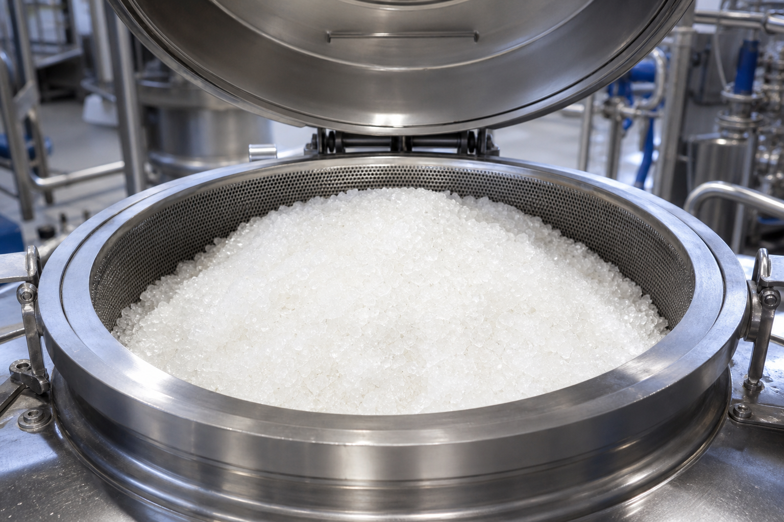 white crystals discharged from centrifuge basket