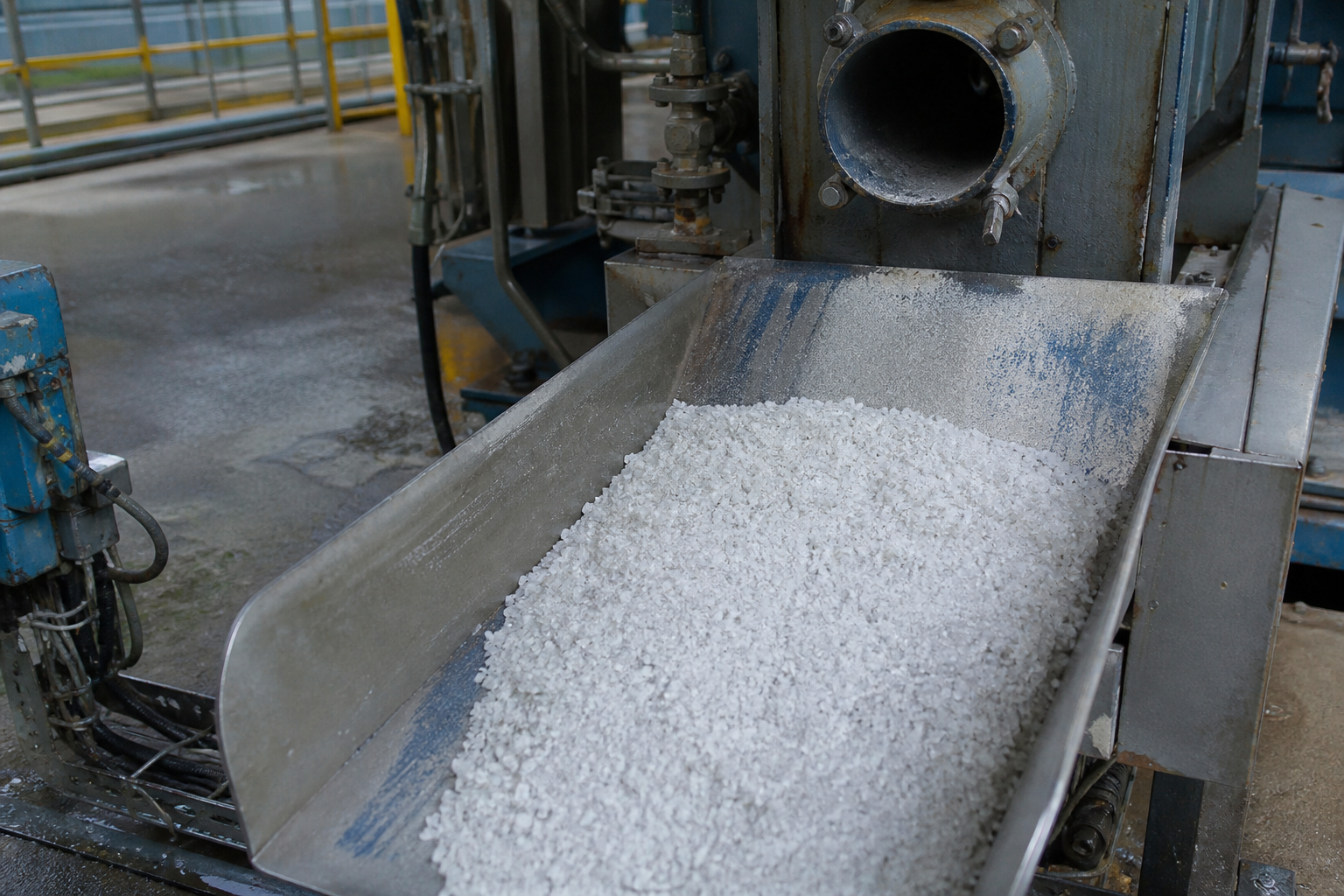 White sodium sulfate crystals discharged at a chlor-alkali salt recovery plant