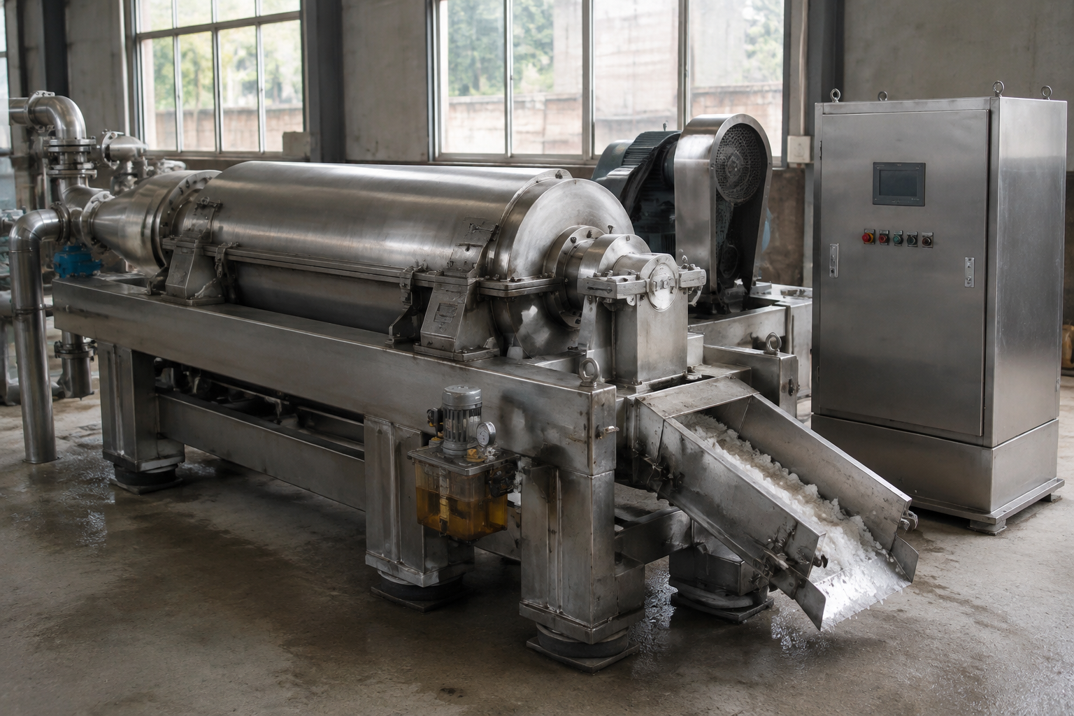 Horizontal pusher centrifuge for continuous salt dewatering