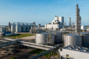 fuel ethanol plant with fermentation tanks and DDGS handling