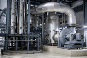 MVR evaporation station with falling film evaporators and compressor