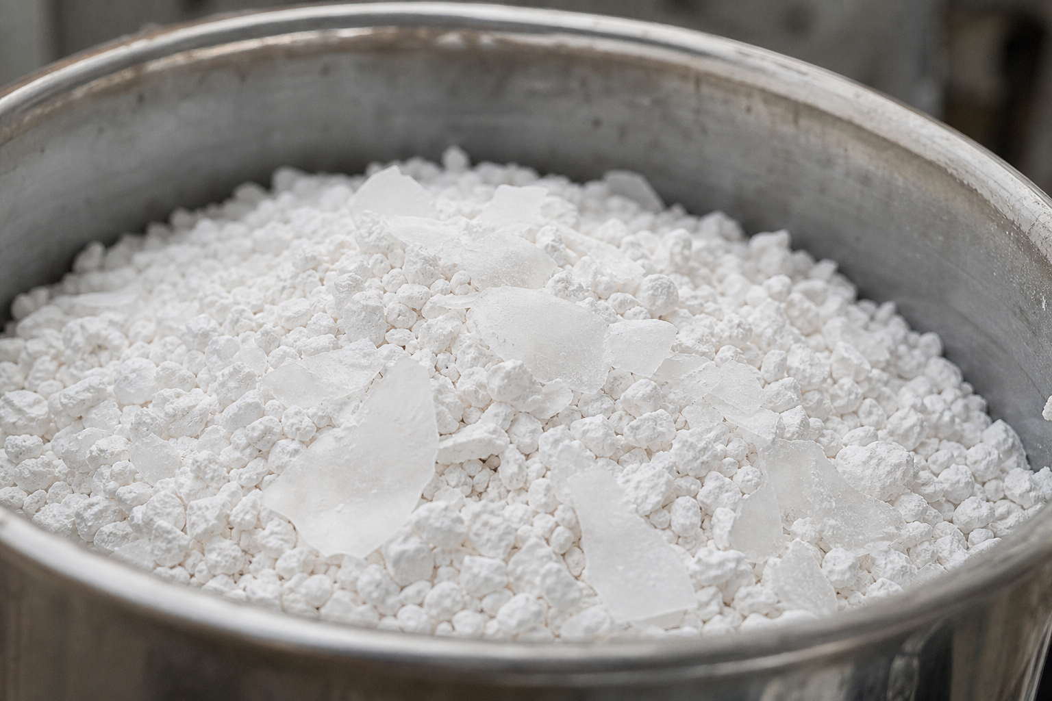 White calcium chloride granules and flakes