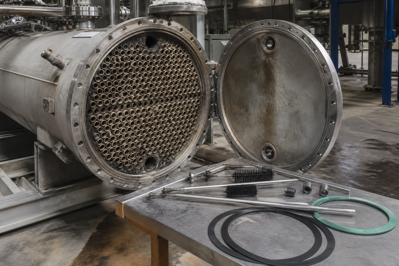 Evaporator heat exchanger channel head opened for tube bundle inspection and cleaning