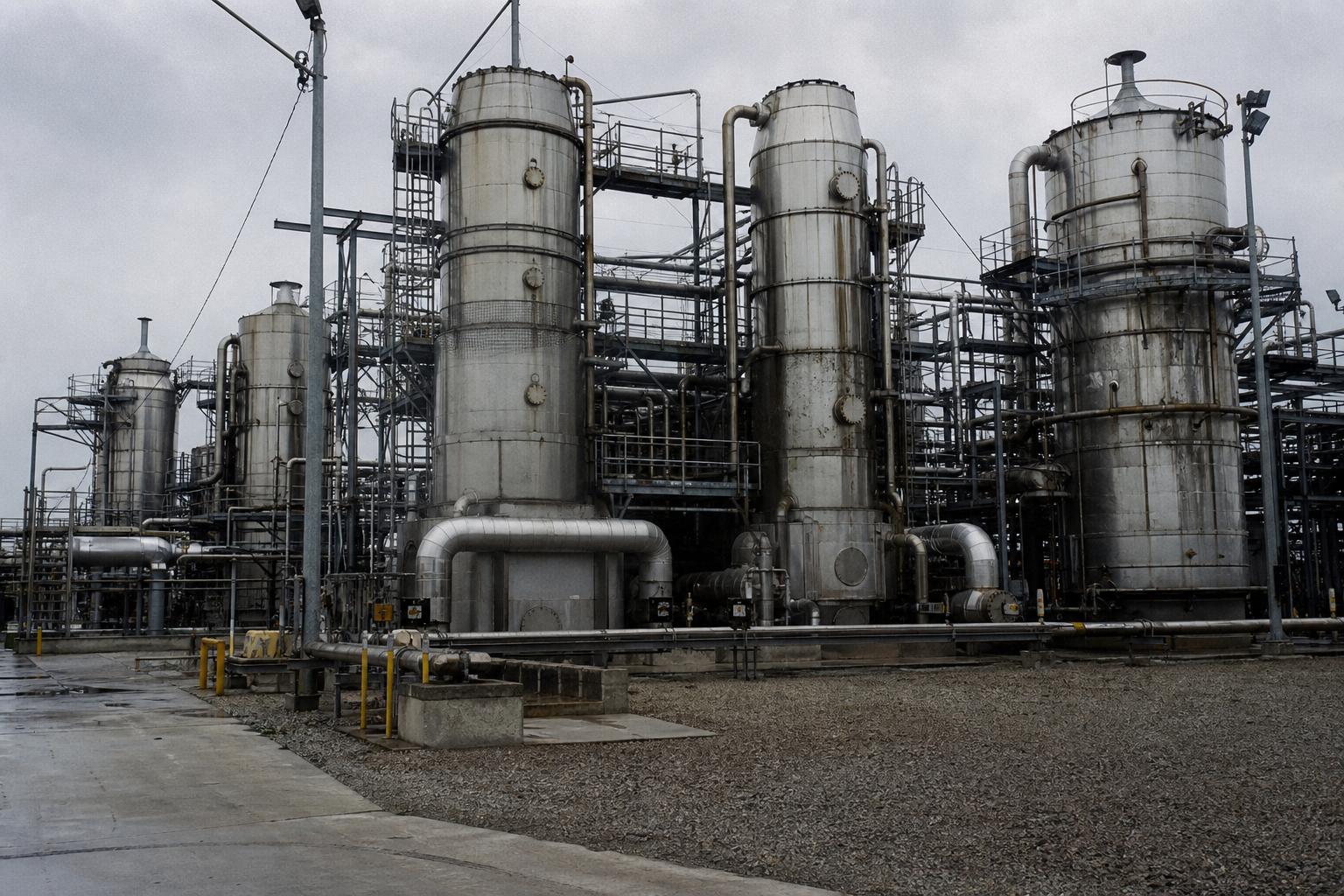 Industrial evaporation and crystallization plant with storage tanks, piping and steel platforms