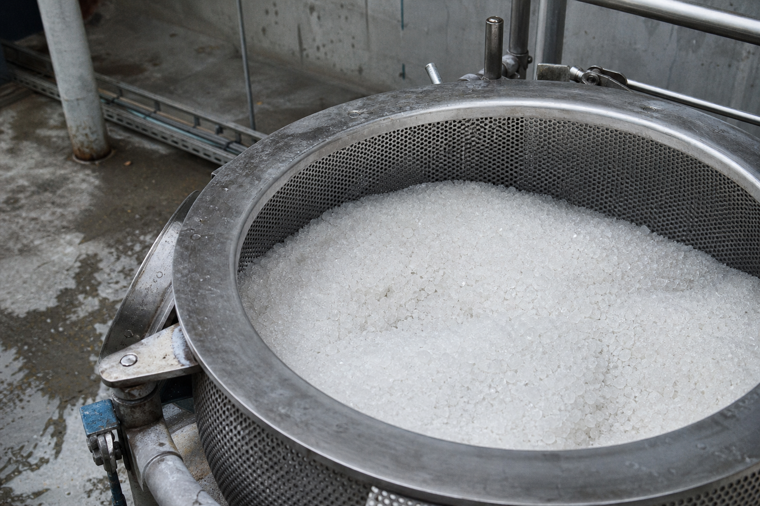Pure white adipic acid crystals in a centrifuge basket