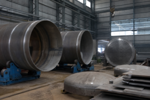 Stainless steel evaporator shells and dished heads in a fabrication workshop