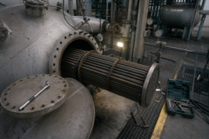 Evaporator maintenance with open manhole and pulled heat exchanger tube bundle