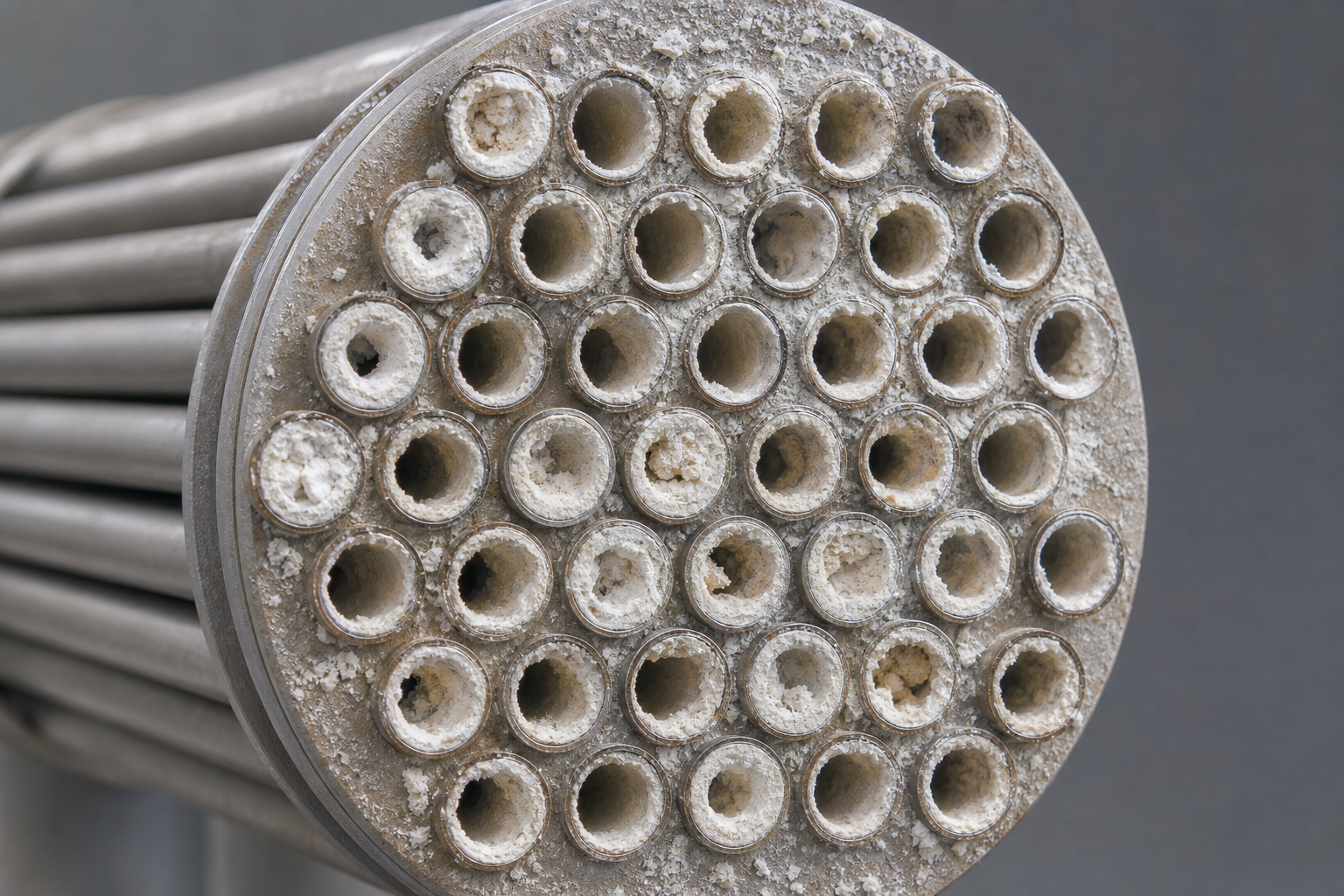 Calcium carbonate scale blocking heat exchanger tubes inside an evaporator