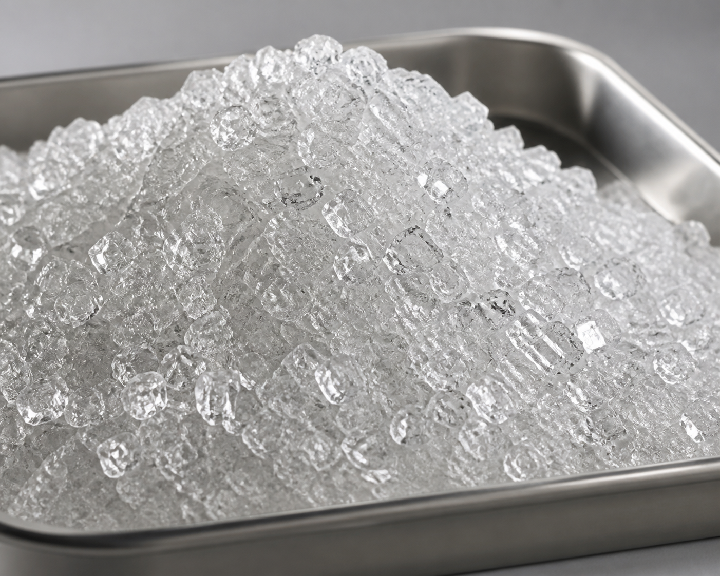 Sodium acetate trihydrate crystals in a stainless steel tray after drying