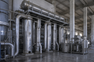 Multi-effect falling film evaporation station in a starch sweetener plant