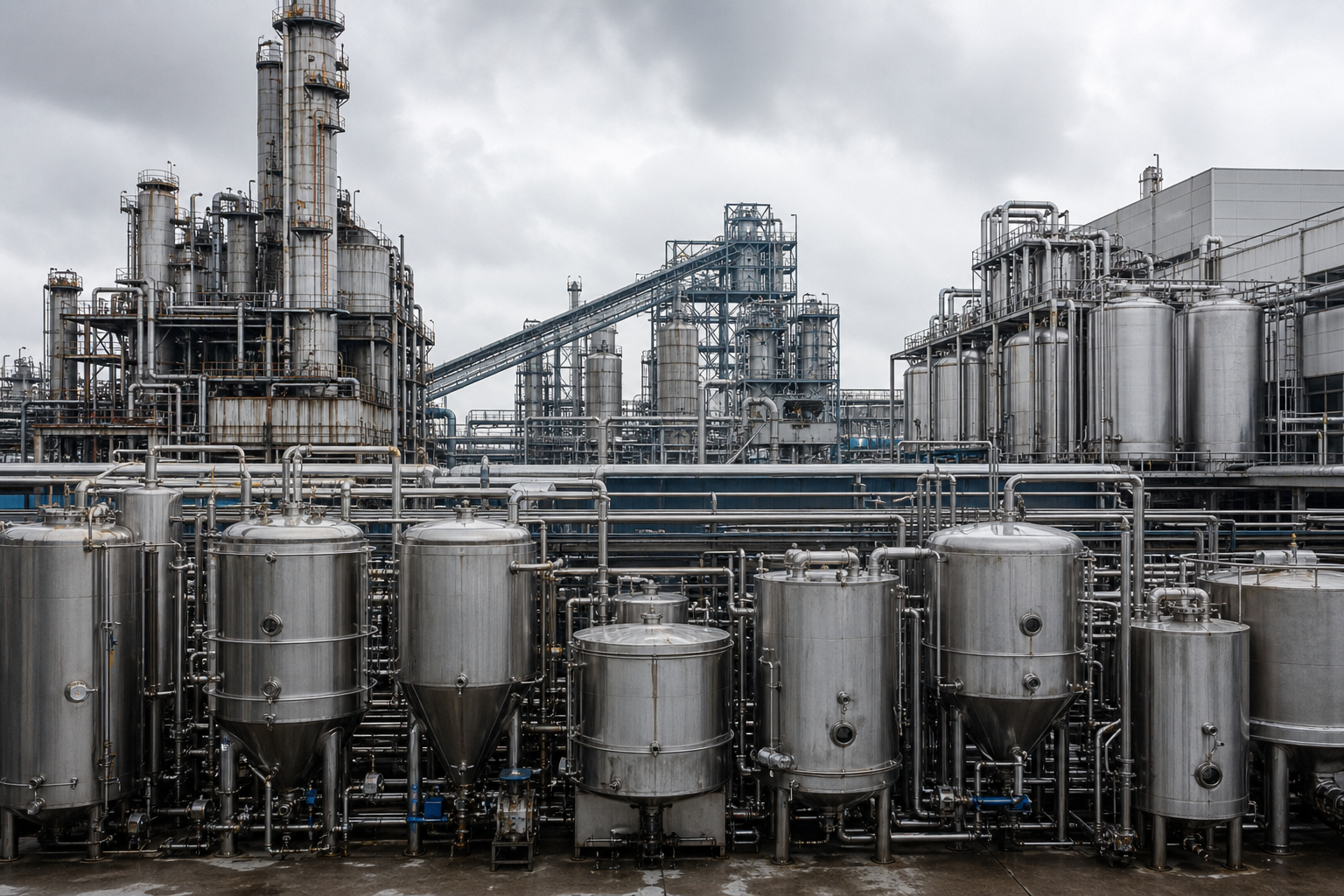 Industrial evaporation and crystallization plant with tanks, distillation columns and piping
