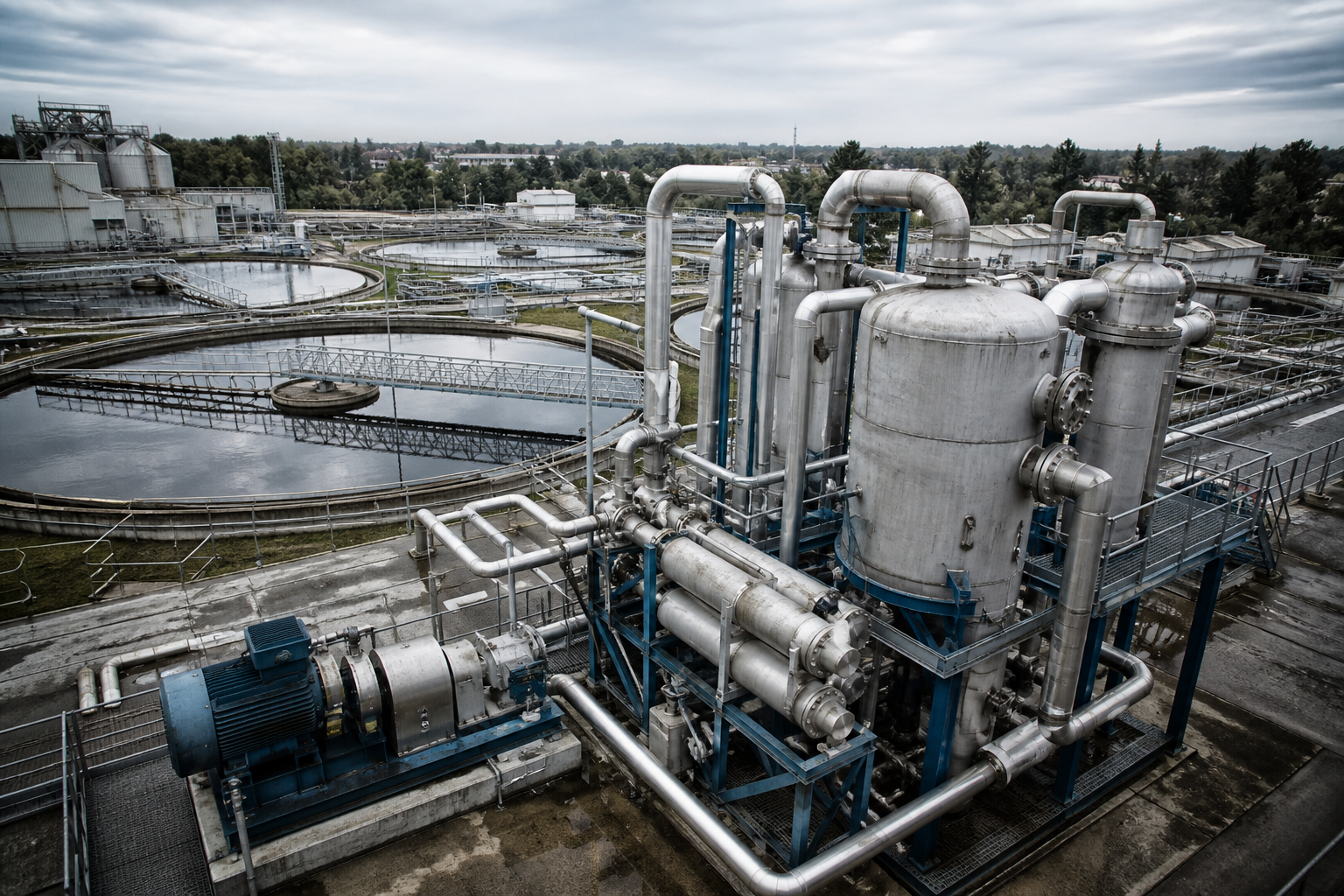 Industrial wastewater treatment facility with tanks, piping and circular clarifiers