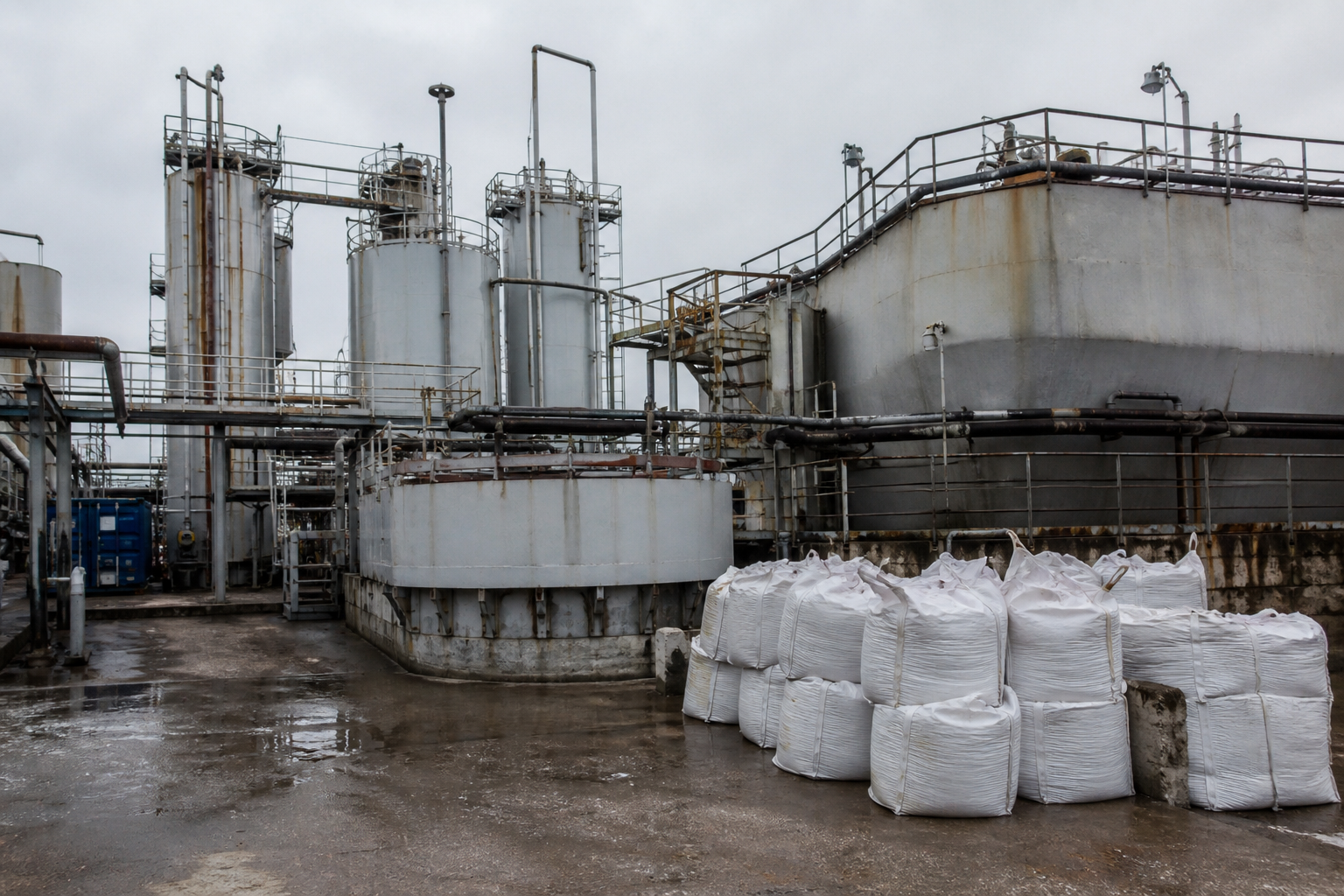 Chemical plant with storage tanks, piping and bagged salt from wastewater treatment