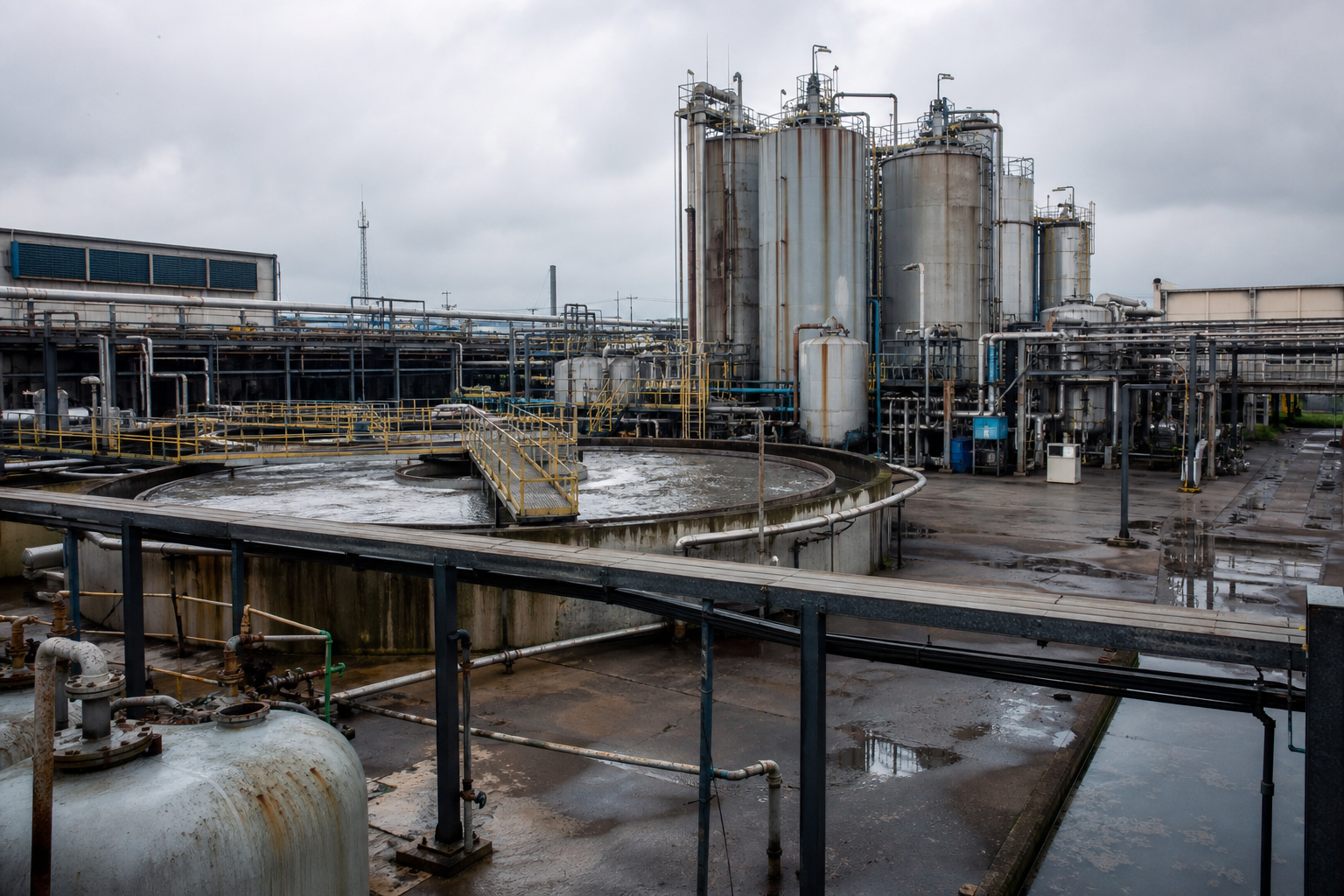Complex industrial wastewater treatment plant with tanks, piping and clarifiers