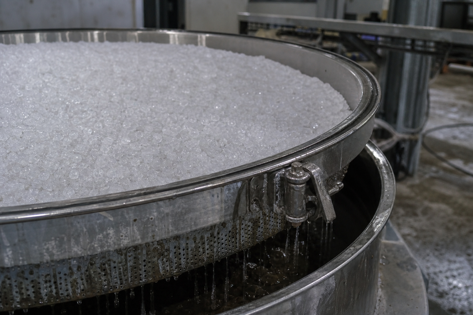 White battery-grade sodium sulfate crystals in a centrifuge basket
