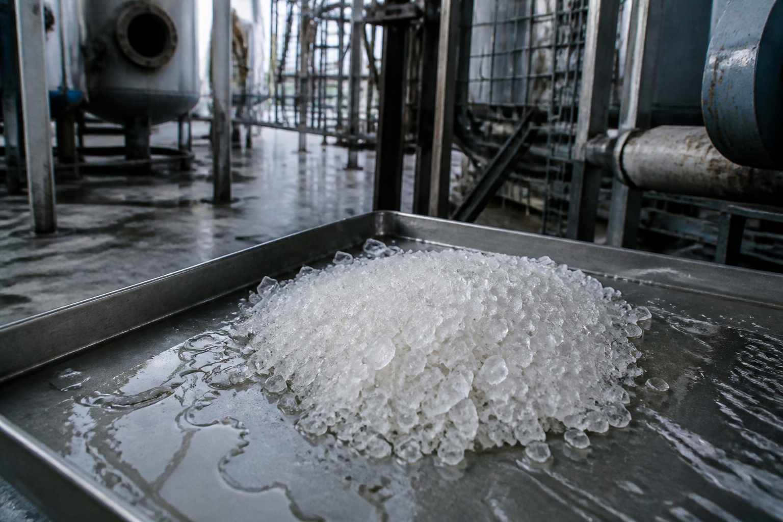Large uniform Oslo crystallizer product crystals on an inspection tray