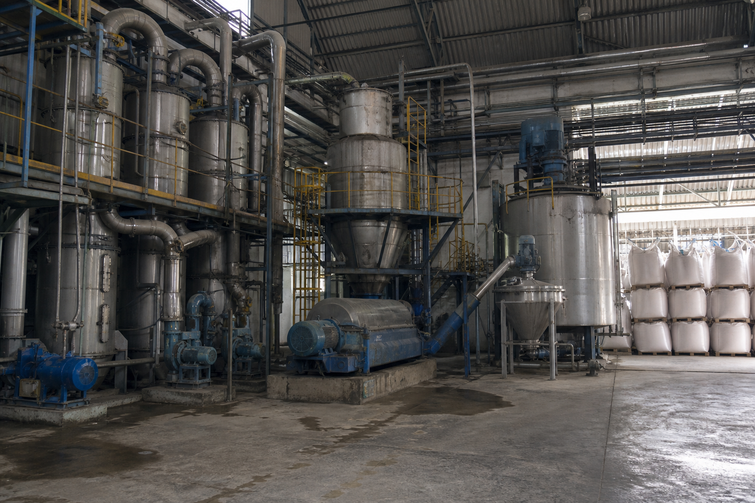 Salt separation plant: multi-effect evaporator train, crystallizer, centrifuge and bagged separated salt products