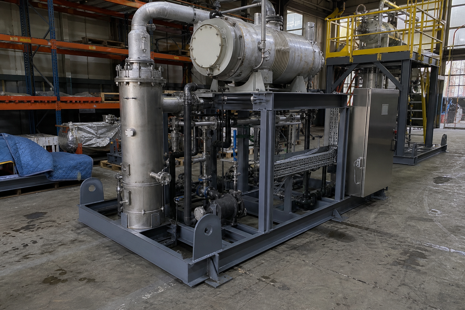 Skid-mounted MVR evaporation module on factory skid frame: evaporator body, vapor compressor, separator and PLC cabinet