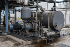 Liquid-ring vacuum pump and surface condenser serving an industrial evaporator